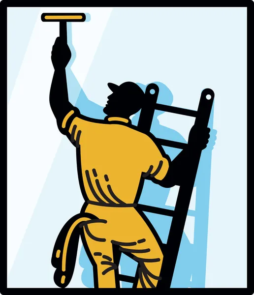 Window Cleaner Worker Cleaning Ladder Retro — Stock Vector