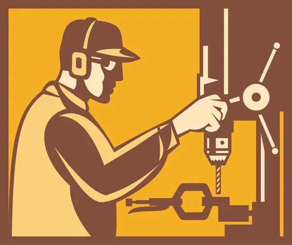 Operador de trabajador de fábrica con taladro prensa retro — Archivo Imágenes Vectoriales