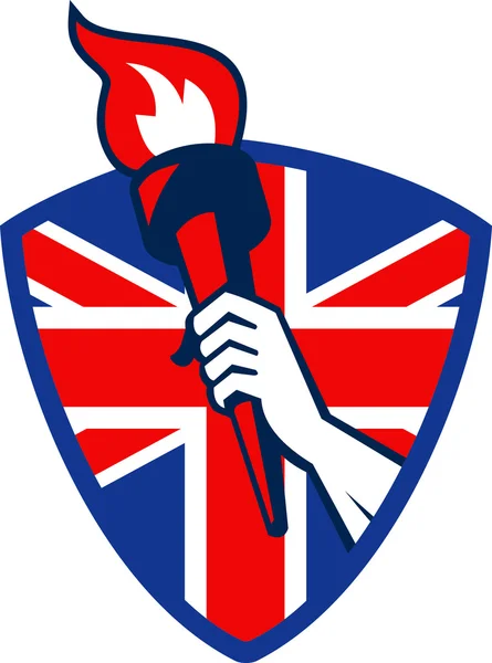 Mão segurando tocha flamejante bandeira britânica —  Vetores de Stock