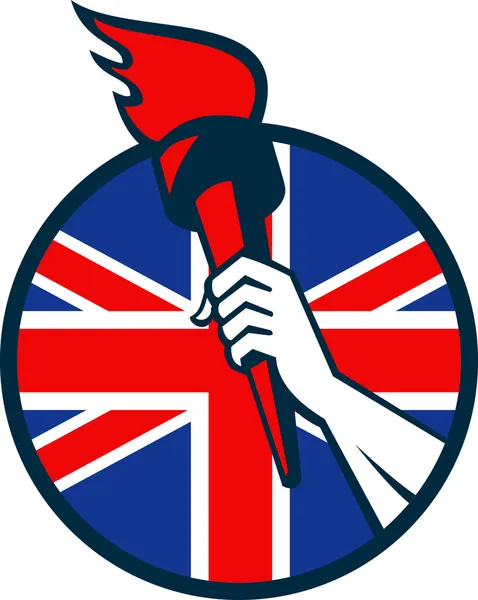 Mão segurando tocha flamejante bandeira britânica —  Vetores de Stock