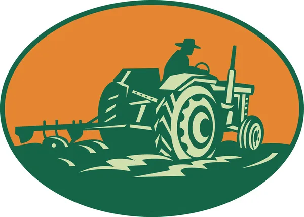 Γεωργός εργαζόμενος οδήγησης γεωργικό τρακτέρ — Διανυσματικό Αρχείο