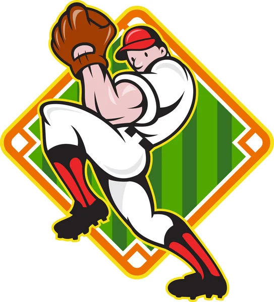 Džbán hráč baseballu nadhazování diamond — Stockový vektor