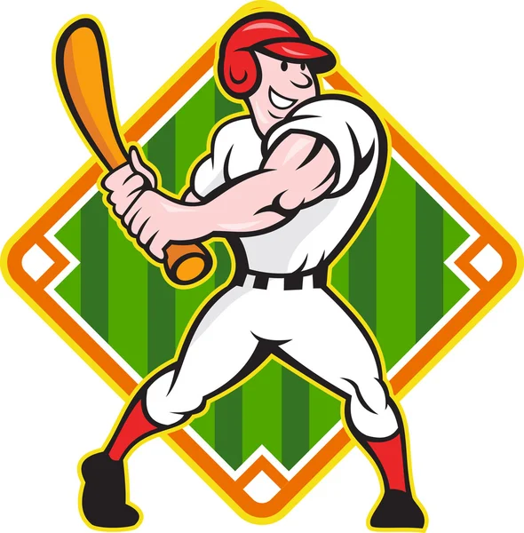 Jogador de beisebol Batting Diamond Cartoon — Vetor de Stock