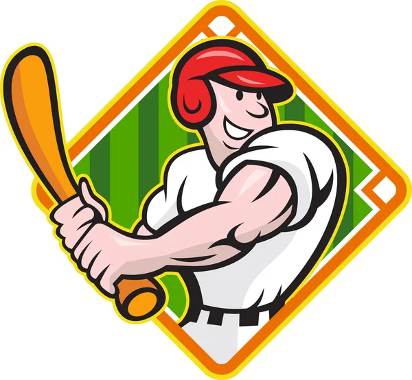 Béisbol jugador bateo diamante de dibujos animados — Archivo Imágenes Vectoriales