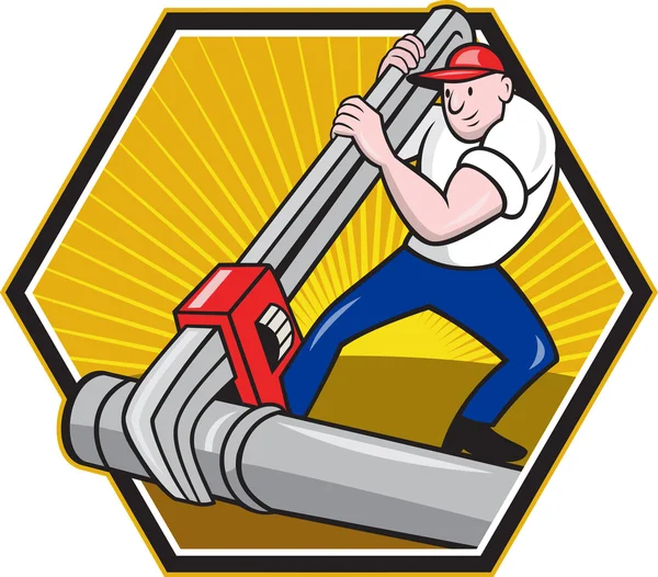 Travailleur plombier avec clé réglable bande dessinée — Image vectorielle