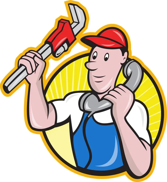 Travailleur plombier avec téléphone clé réglable — Image vectorielle