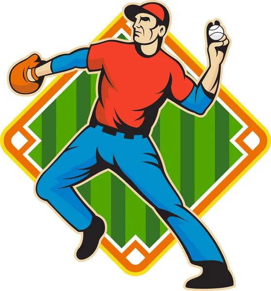Jugador de béisbol lanzador lanzando pelota — Vector de stock
