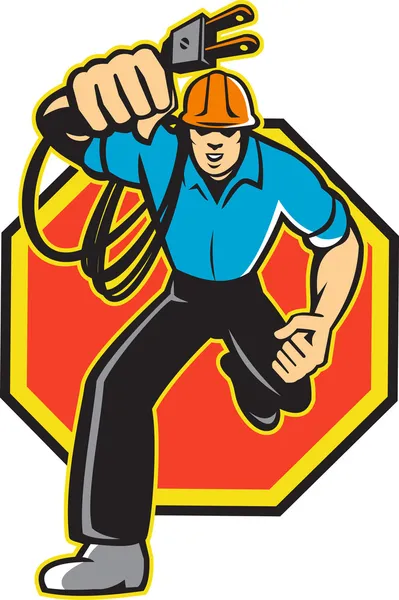 Electrician Worker Running Electrical Plug — Stock Vector