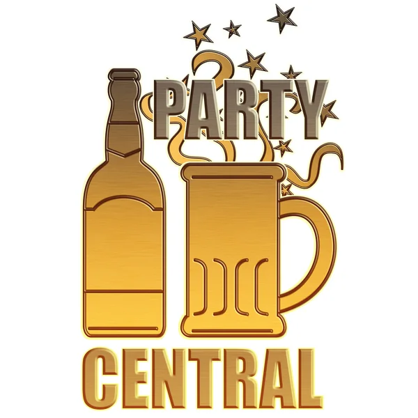 Golden beer bottle mug party central — Stock Photo, Image