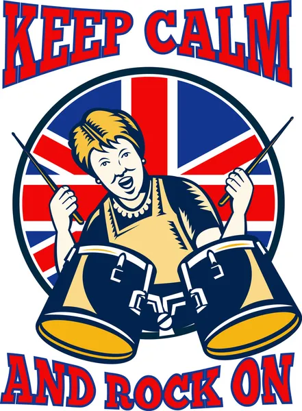 Mantén la calma Rock On British Flag Queen Granny Drums — Vector de stock