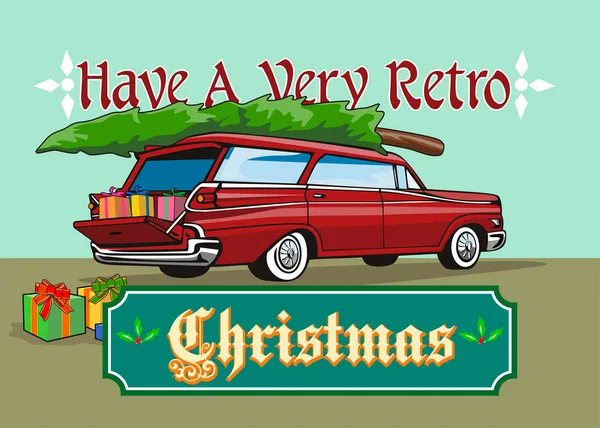 复古的圣诞树旅行车 — 图库矢量图片