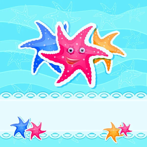 Rótulo redondo com Starfishes em fundo de onda — Vetor de Stock