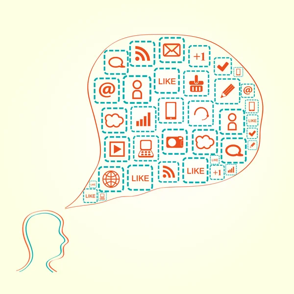 Silueta de cabeza humana con iconos de medios en el chat de burbujas — Vector de stock