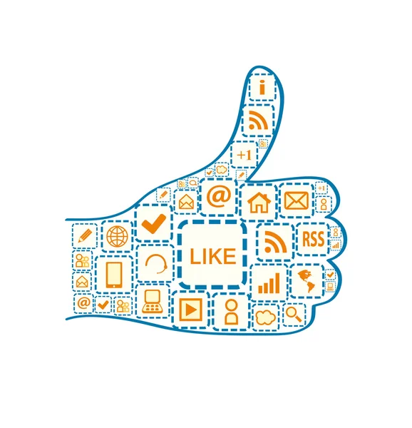 Main avec pouce levé et les icônes carrés des médias sociaux — Image vectorielle