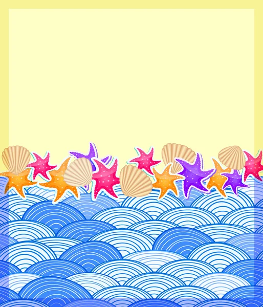 シェルと黄色の砂のビーチに starfishs — ストックベクタ