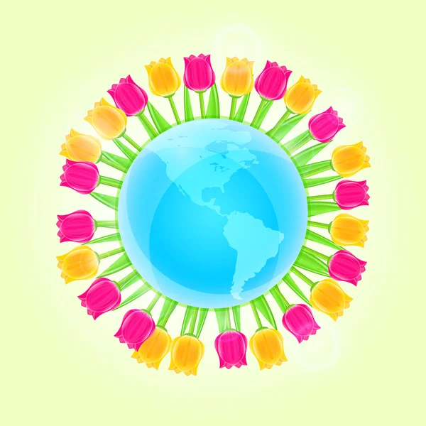Blå jorden planet med ljusa tulpaner — Stock vektor