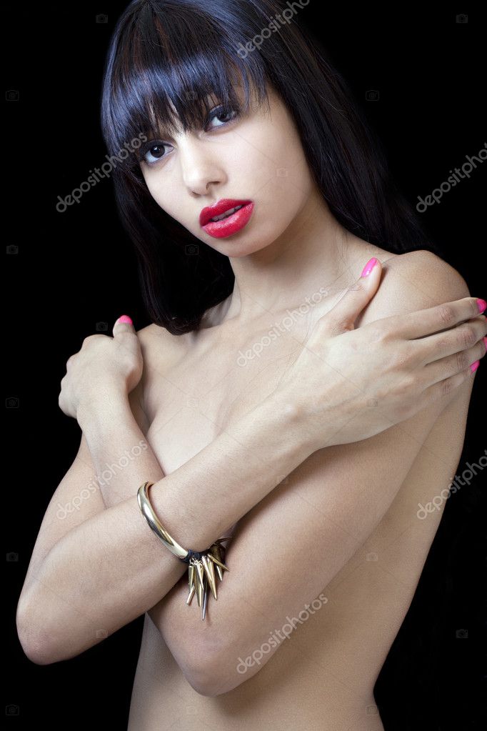 Skinny Topless Hispanic Woman Standing In Jeans Hair Over Breasts Stock  Photo