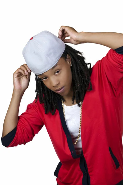 stock image Young Black Woman Baseball Cap Red Shirt