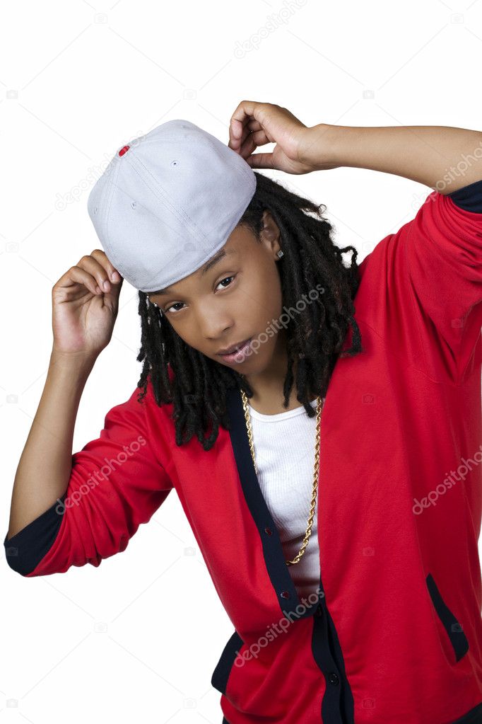 Young Black Woman Baseball Cap Red Shirt