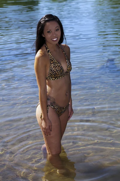 Joven asiático americano mujer bikini río sonriendo —  Fotos de Stock
