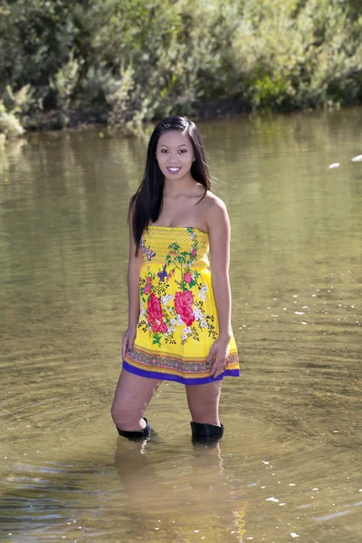 Молодое привлекательное азиатско-американское женское желтое платье — стоковое фото