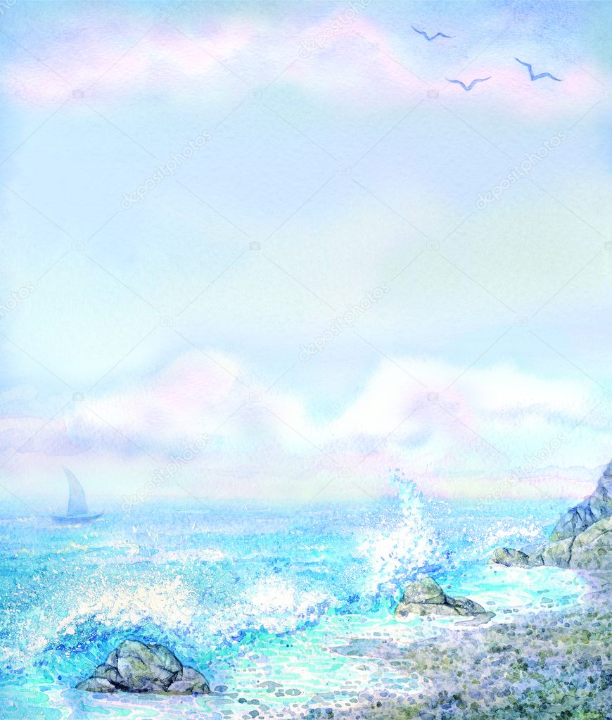 Watercolor background with foaming surf from the rocky shore