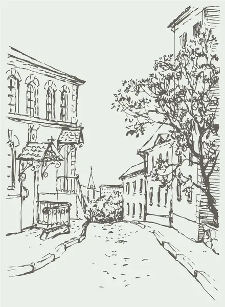 Vector de paisaje urbano. Una calle estrecha con casas antiguas — Archivo Imágenes Vectoriales