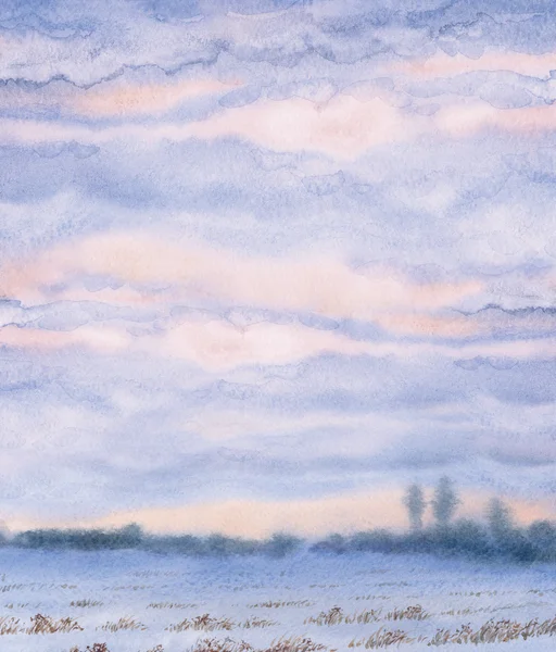 水彩画の背景。冬の大草原に沈む夕日 — ストック写真