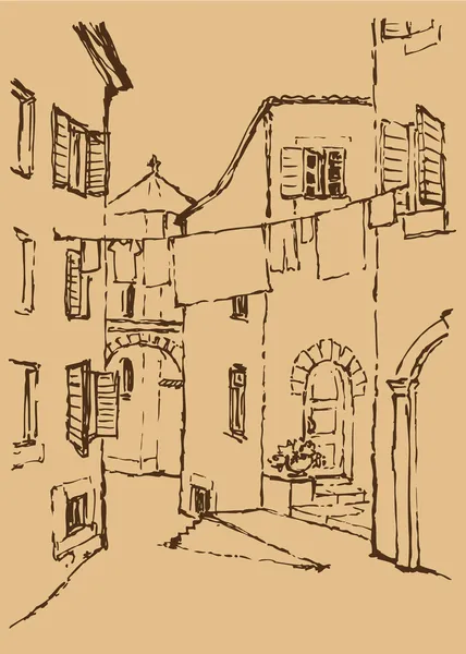 Vector de paisaje urbano. Antigua calle medieval en la ciudad mediterránea — Archivo Imágenes Vectoriales