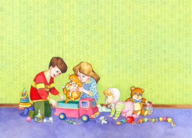 Watercolor illustration. Children playing in the room clipart