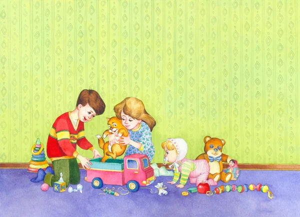 Akwarela ilustracja. dzieci bawiące się w pokoju — Zdjęcie stockowe