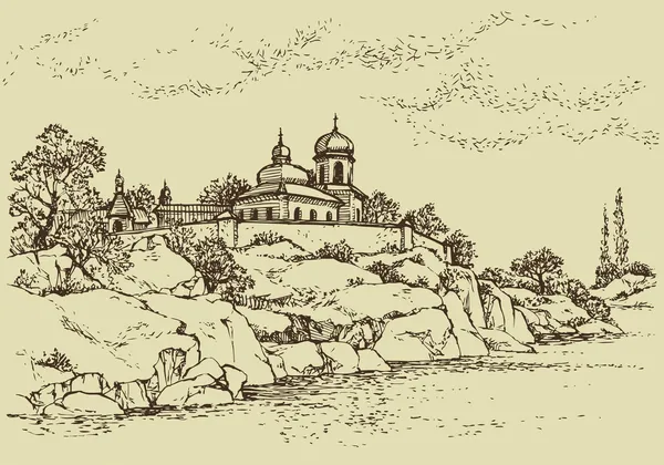 Vektor landskap. gamla kloster på en stenig kulle ovanför riv — Stock vektor