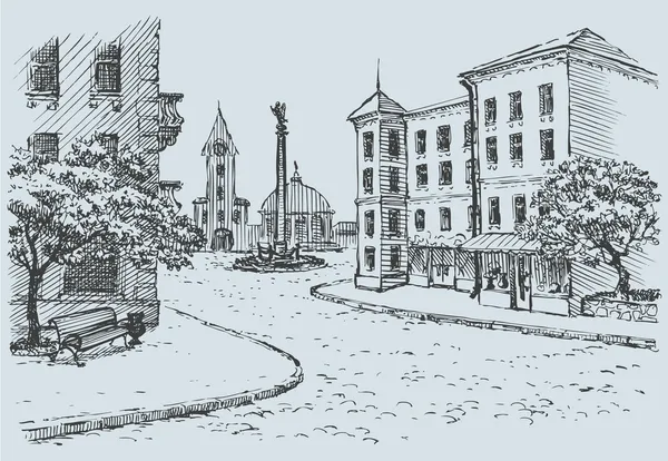 Векторный городской пейзаж. Старая улица доступ к главной площади — стоковый вектор