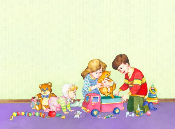 Akvarel ilustrace. děti si hrají v místnosti — Stock fotografie