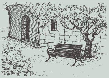 Vector Sketch. Cozy bench under tree in quiet courtyard clipart