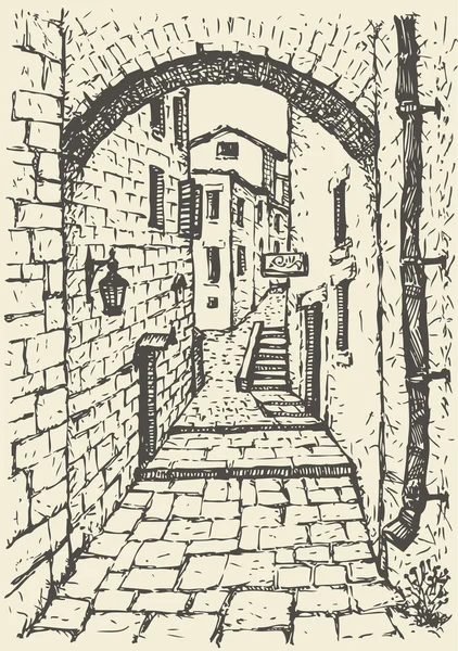 Vector cityscape. Narrow medieval street — Stock Vector