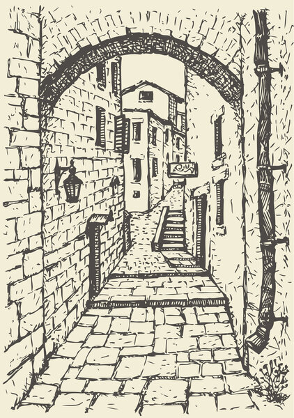Vector cityscape. Narrow medieval street