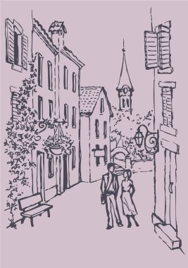 Vector cityscape. Couple walking along old street clipart