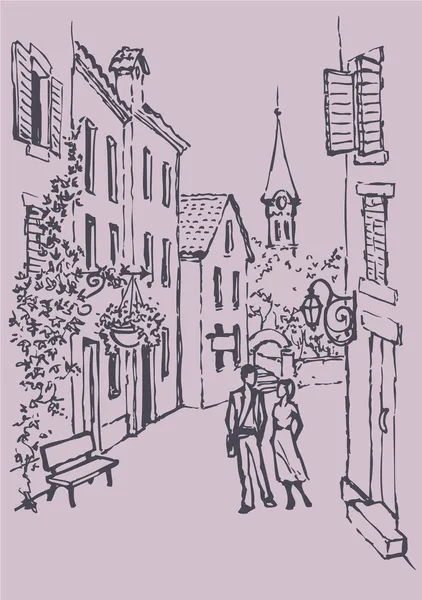 Vector cityscape. Couple walking along old street — Stock Vector
