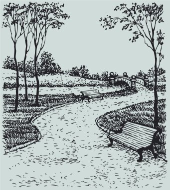 Vector landscape. Benches along the paths of park clipart