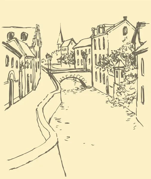 Vector de paisaje urbano. Calle antigua a lo largo del canal con puente — Archivo Imágenes Vectoriales