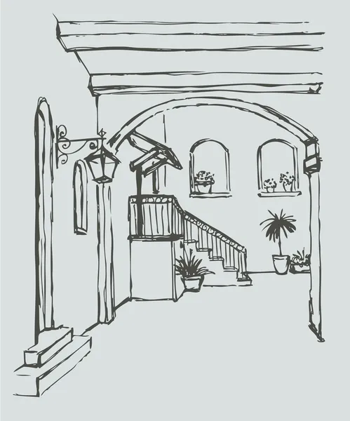 Vektor Stadtbild. Arcuate Passage in einem gemütlichen alten Hof — Stockvektor