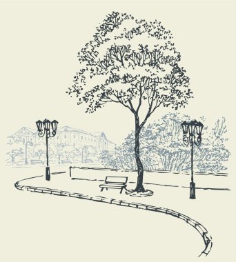 Vector cityscape. Bench under a tree and lights outside the park clipart