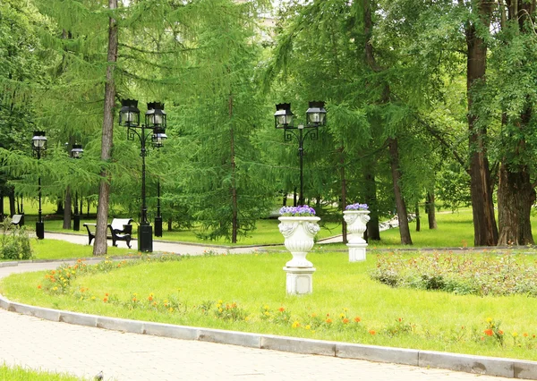Vases with flowers in park — Stock Photo, Image