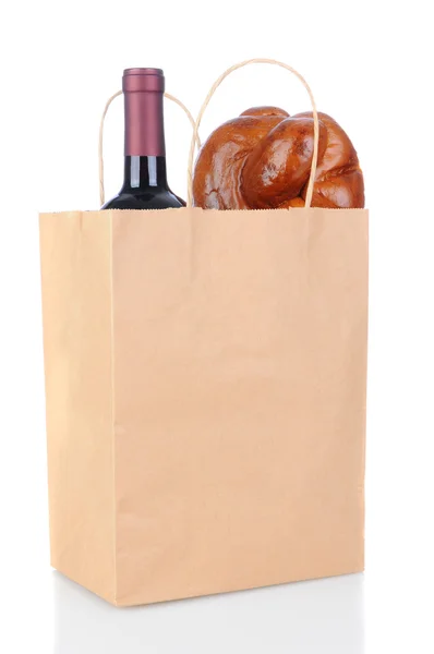 Τσάντα με ψωμί και κρασί — Φωτογραφία Αρχείου
