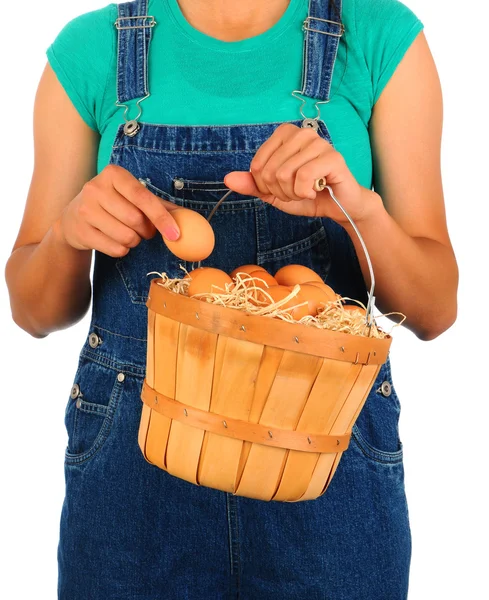 Farma dívka s košíkem vajec — Stock fotografie