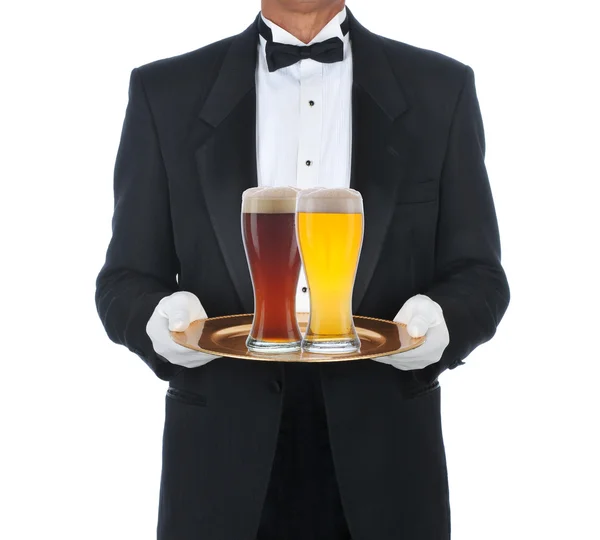 Butler vestindo bandeja Tuxedo Segurando — Fotografia de Stock