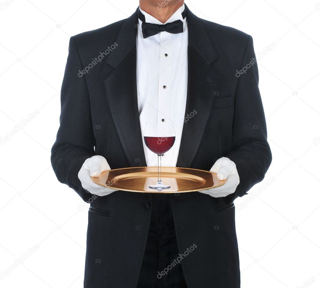 Waiter with Glass of Red Wine on Tray