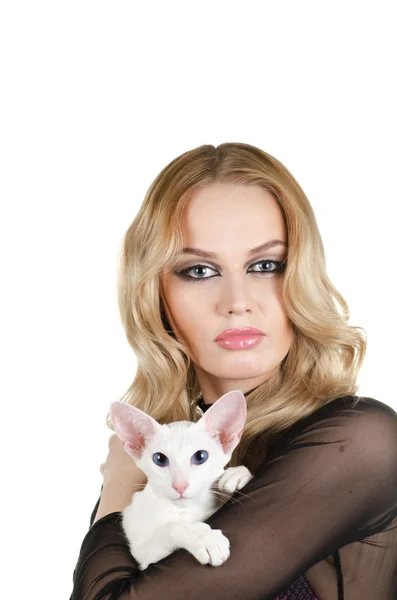 Woman with oriental shorthair cat — Stock Photo, Image