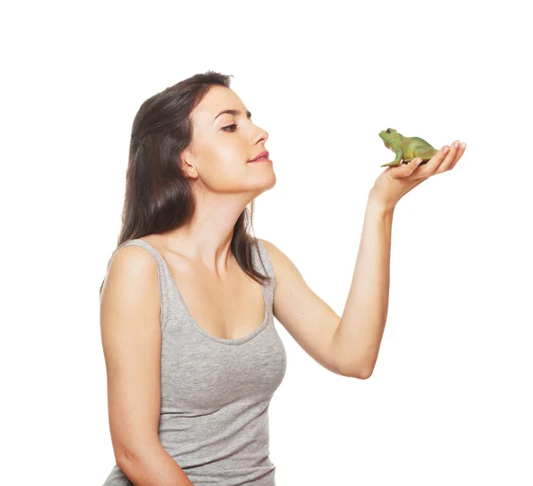 Beautiful young female and prince frog — Stock Photo, Image